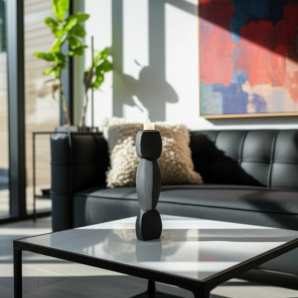 Modern Stacked Taper Candle Holder | 12" Black Ceramic Finish