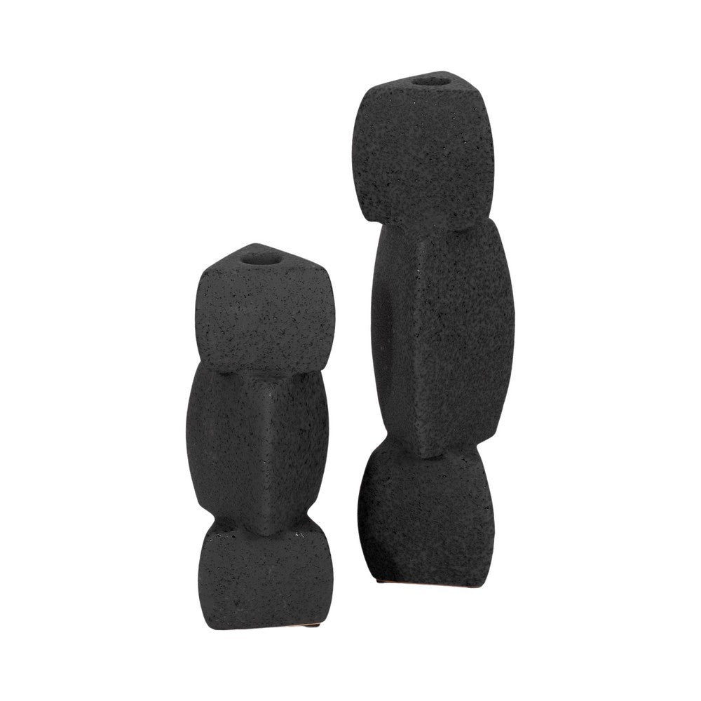 Modern Stacked Taper Candle Holder | 12" Black Ceramic Finish