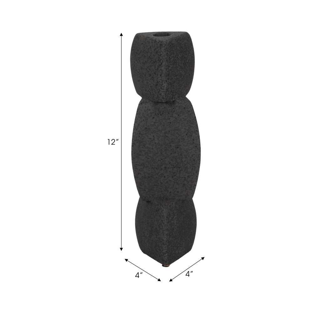 Modern Stacked Taper Candle Holder | 12" Black Ceramic Finish
