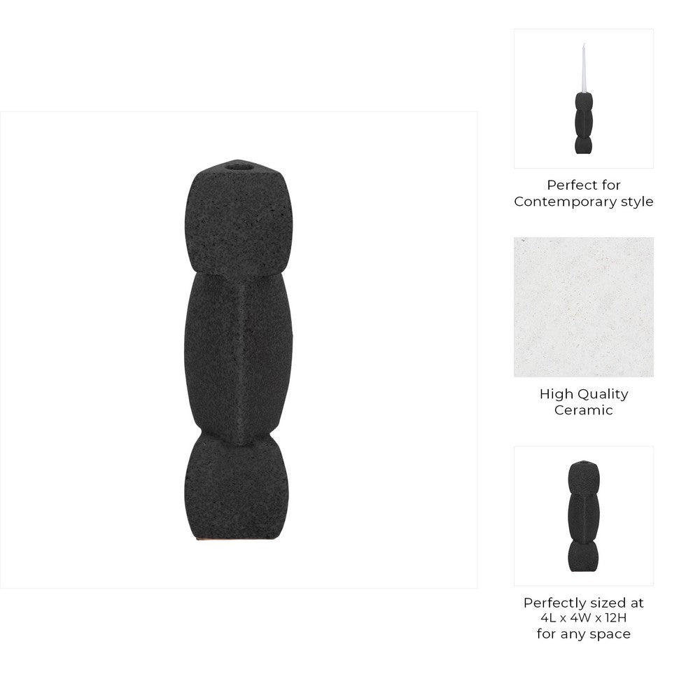 Modern Stacked Taper Candle Holder | 12" Black Ceramic Finish
