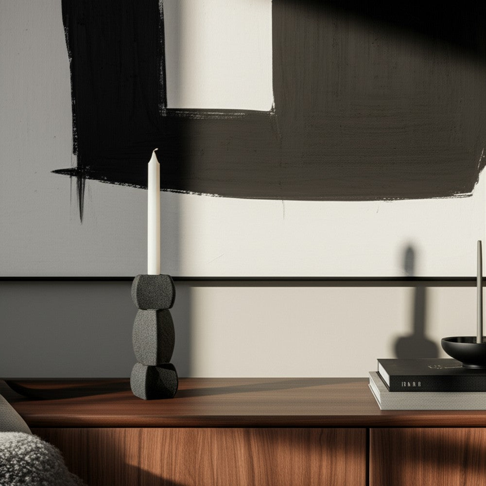 Modern Stacked Taper Candle Holder | 12" Black Ceramic Finish