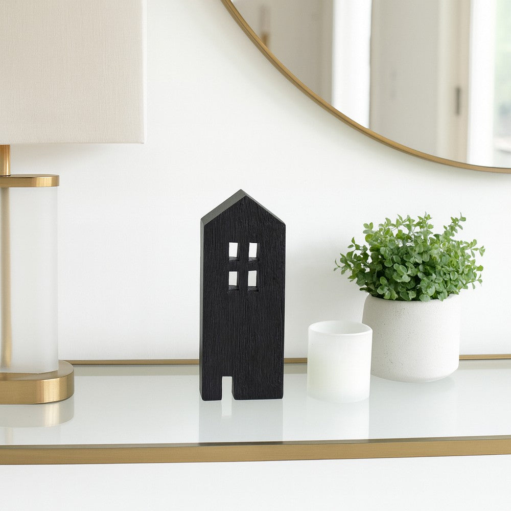 8" Accent Decorative House w Cut Out Windows | Black Wood Figurine