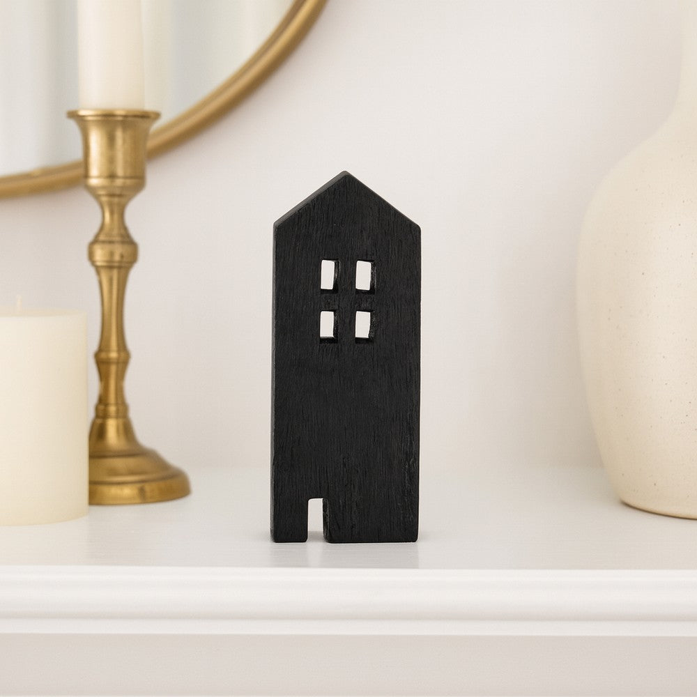 8" Accent Decorative House w Cut Out Windows | Black Wood Figurine