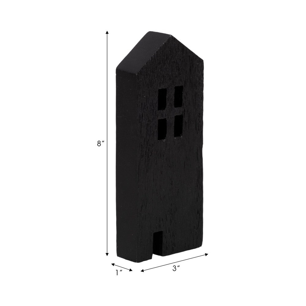 8" Accent Decorative House w Cut Out Windows | Black Wood Figurine