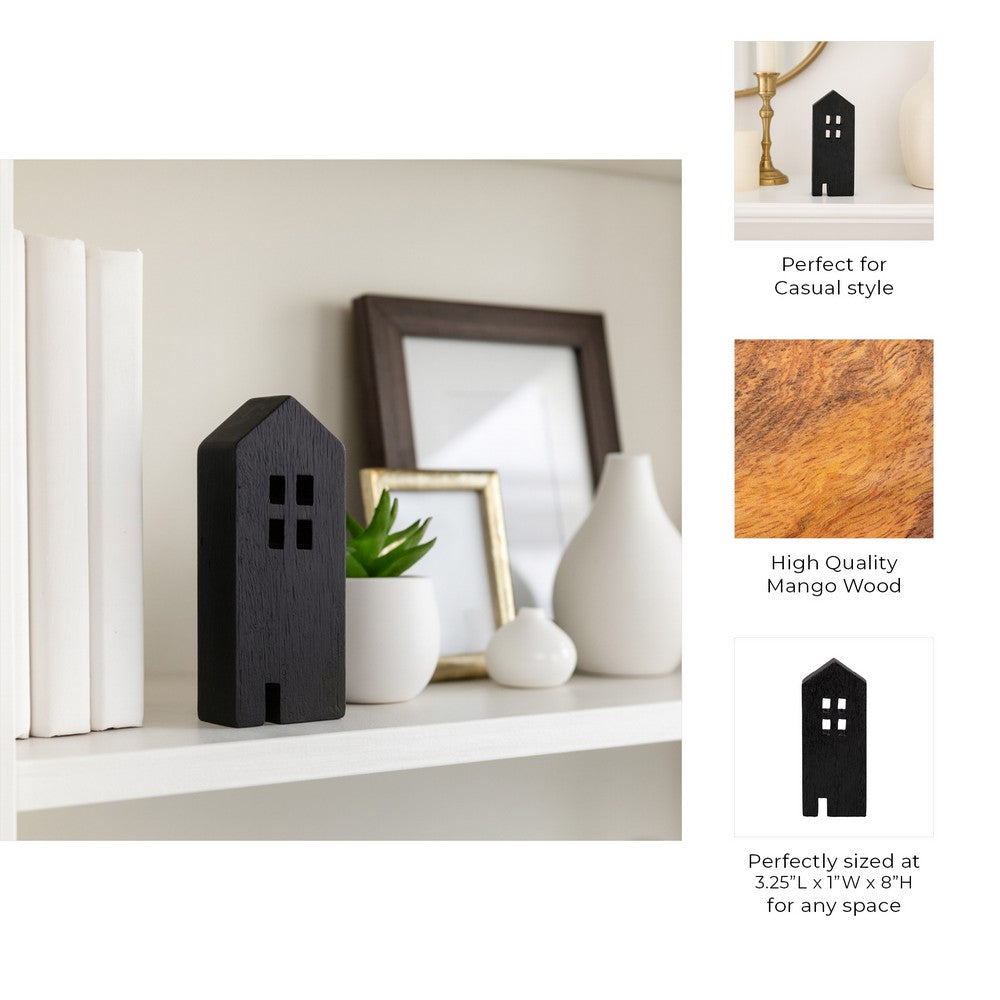 8" Accent Decorative House w Cut Out Windows | Black Wood Figurine