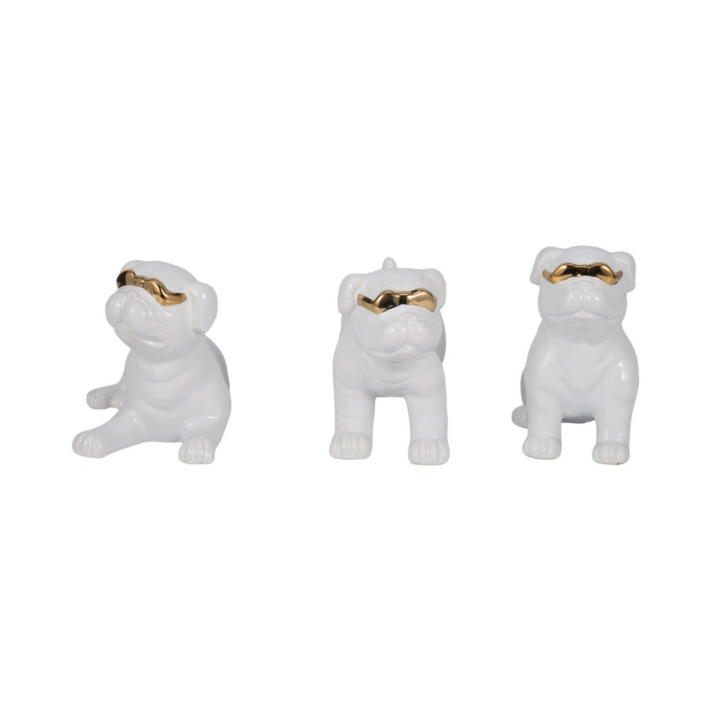 Decorative Pug Dog Figurines with Sunglasses Set of 3 | White Ceramic Finish