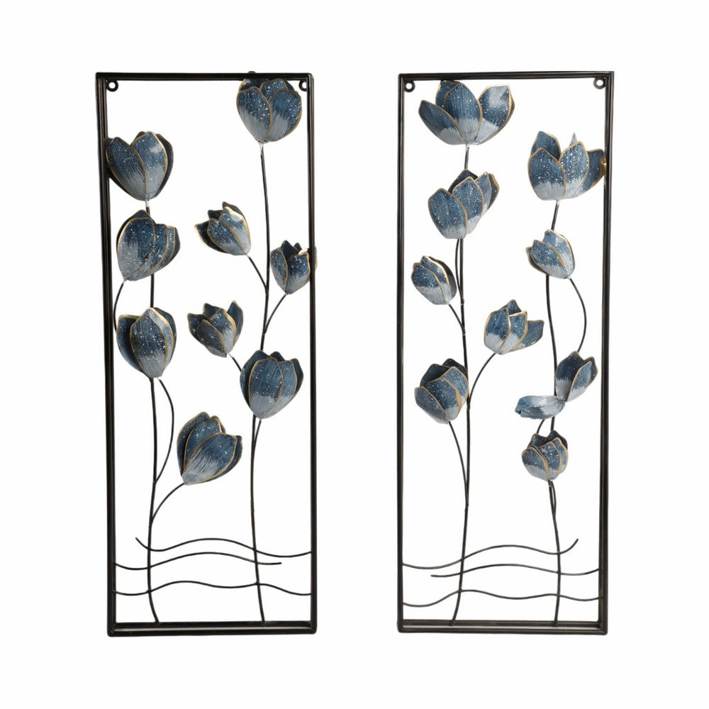 Metal Hanging Wall Panels Set of 2 | Blue Blooming Flowers | Black, Gold