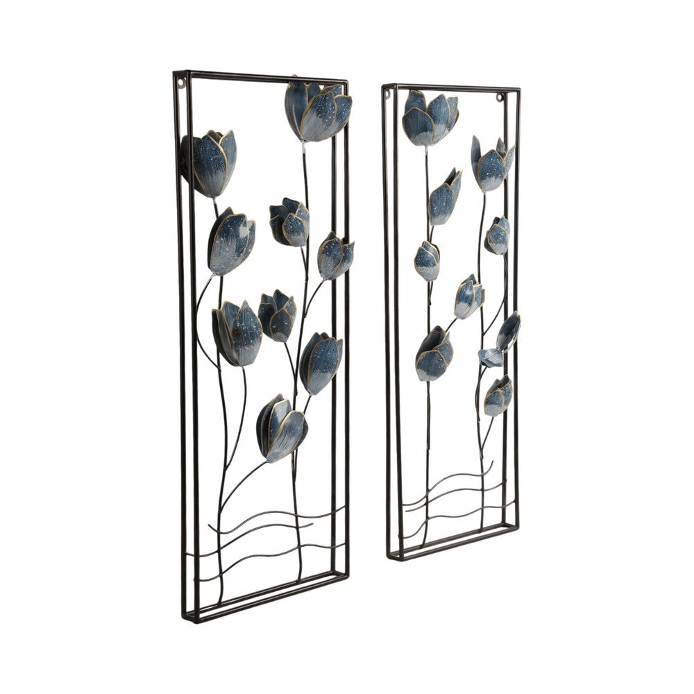Metal Hanging Wall Panels Set of 2 | Blue Blooming Flowers | Black, Gold