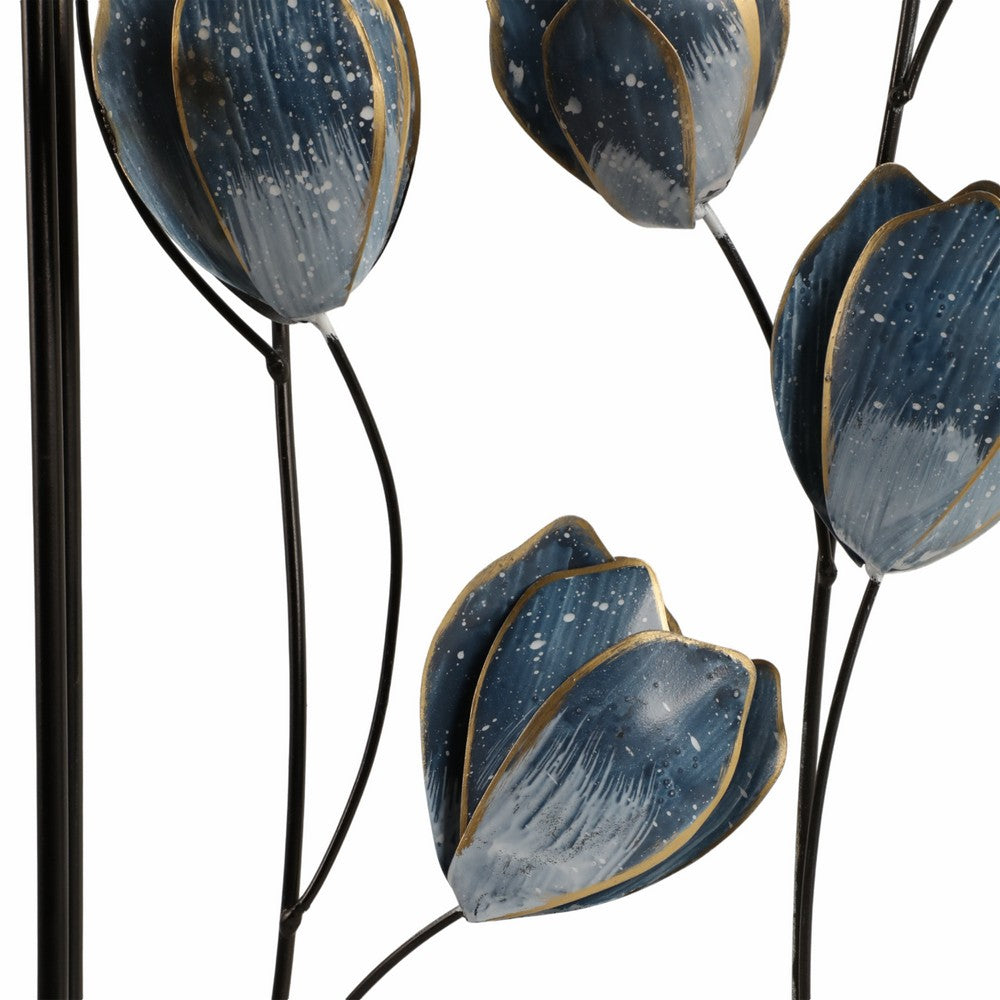 Metal Hanging Wall Panels Set of 2 | Blue Blooming Flowers | Black, Gold