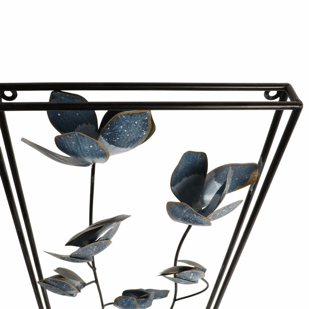 Metal Hanging Wall Panels Set of 2 | Blue Blooming Flowers | Black, Gold