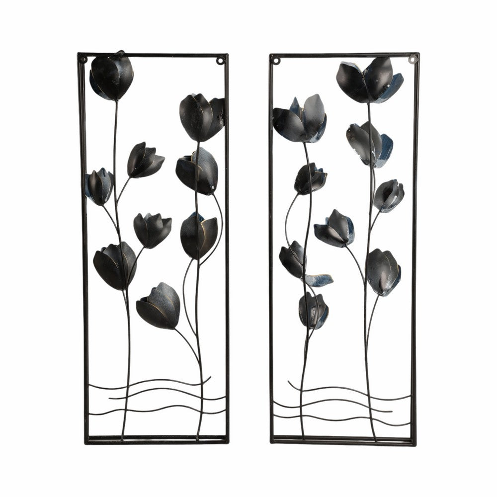 Metal Hanging Wall Panels Set of 2 | Blue Blooming Flowers | Black, Gold