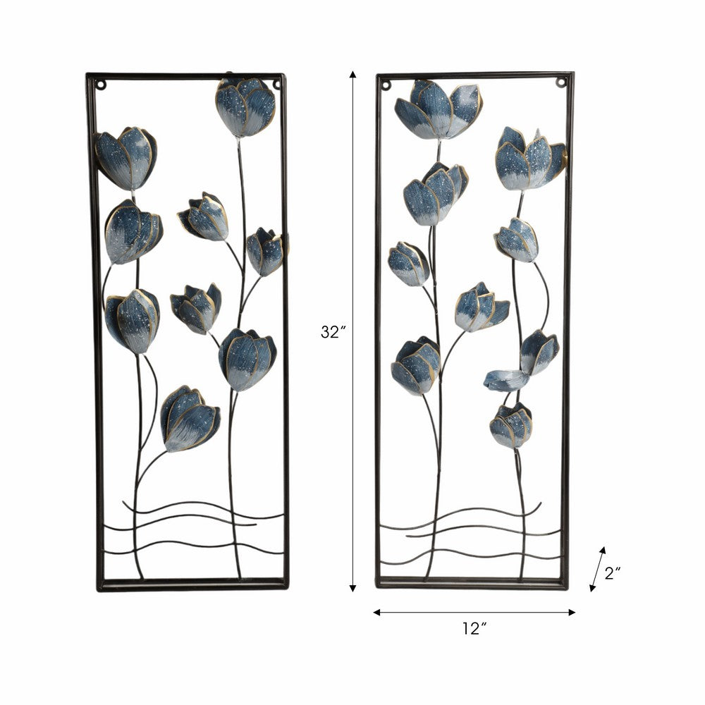 Metal Hanging Wall Panels Set of 2 | Blue Blooming Flowers | Black, Gold