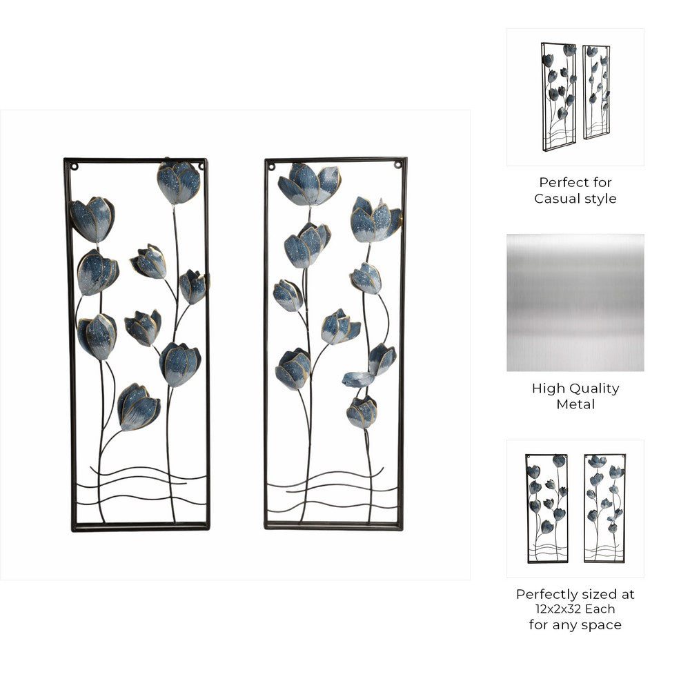 Metal Hanging Wall Panels Set of 2 | Blue Blooming Flowers | Black, Gold