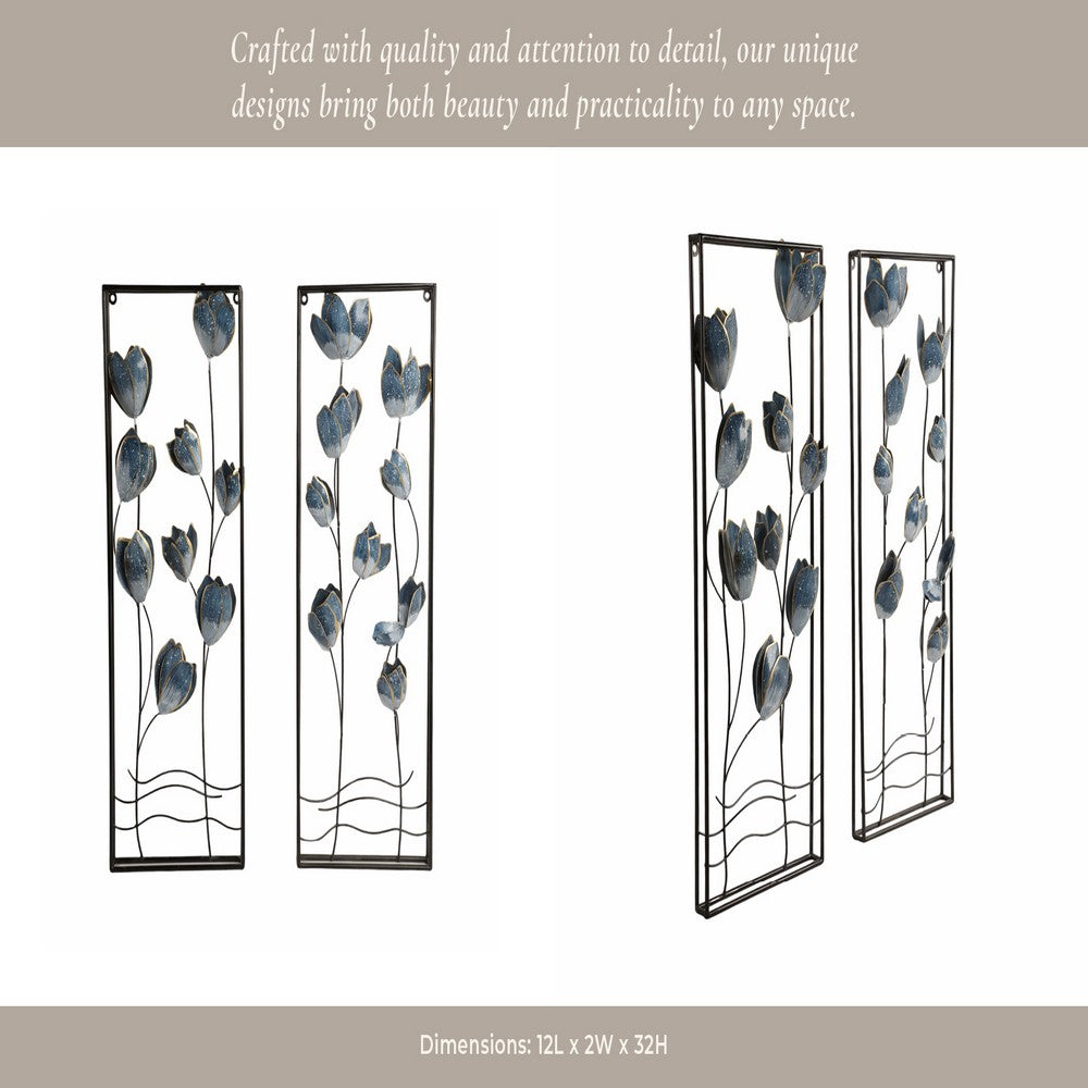 Metal Hanging Wall Panels Set of 2 | Blue Blooming Flowers | Black, Gold