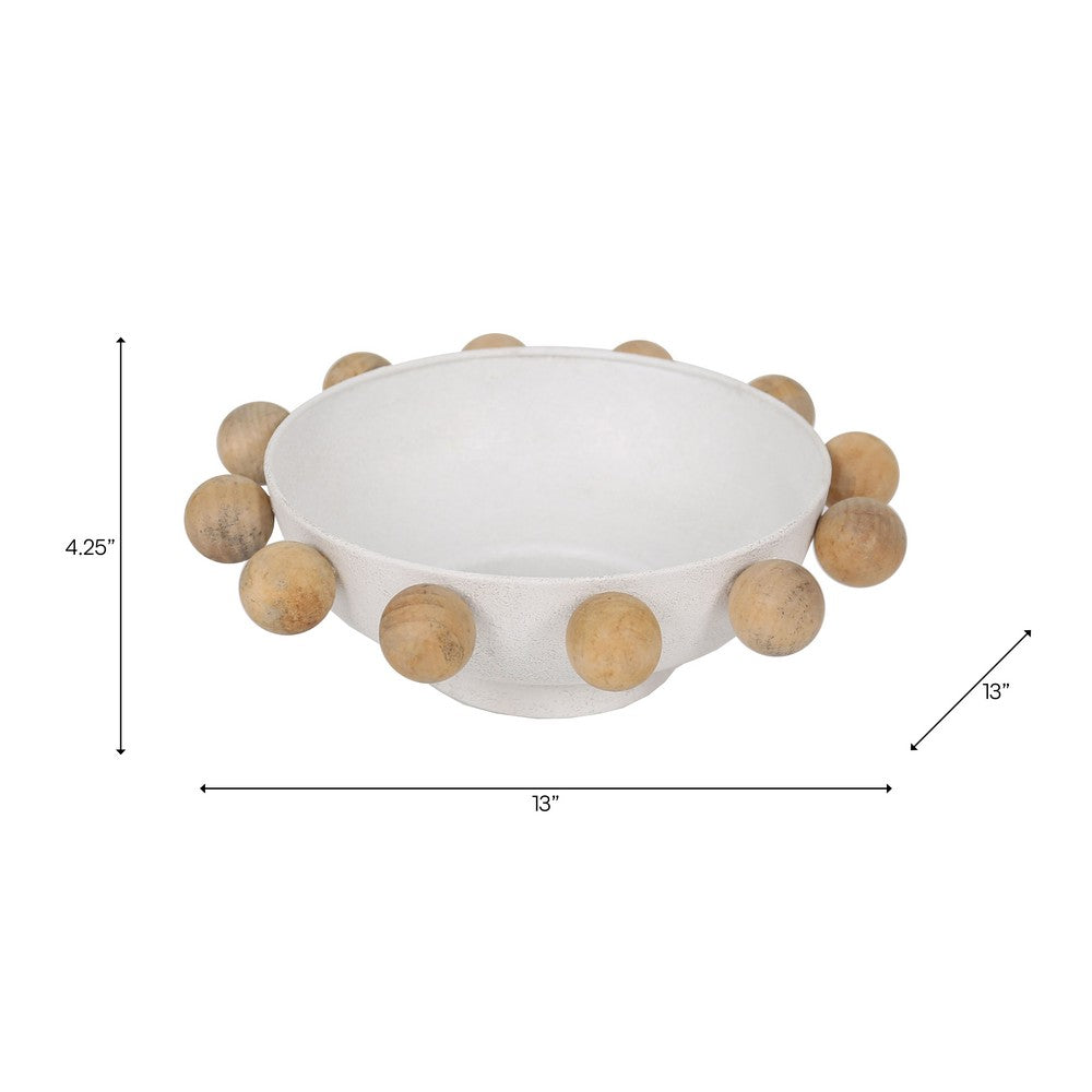 Decorative Acessory Bowl | 13" | Large Brown Wooden Knobs | White