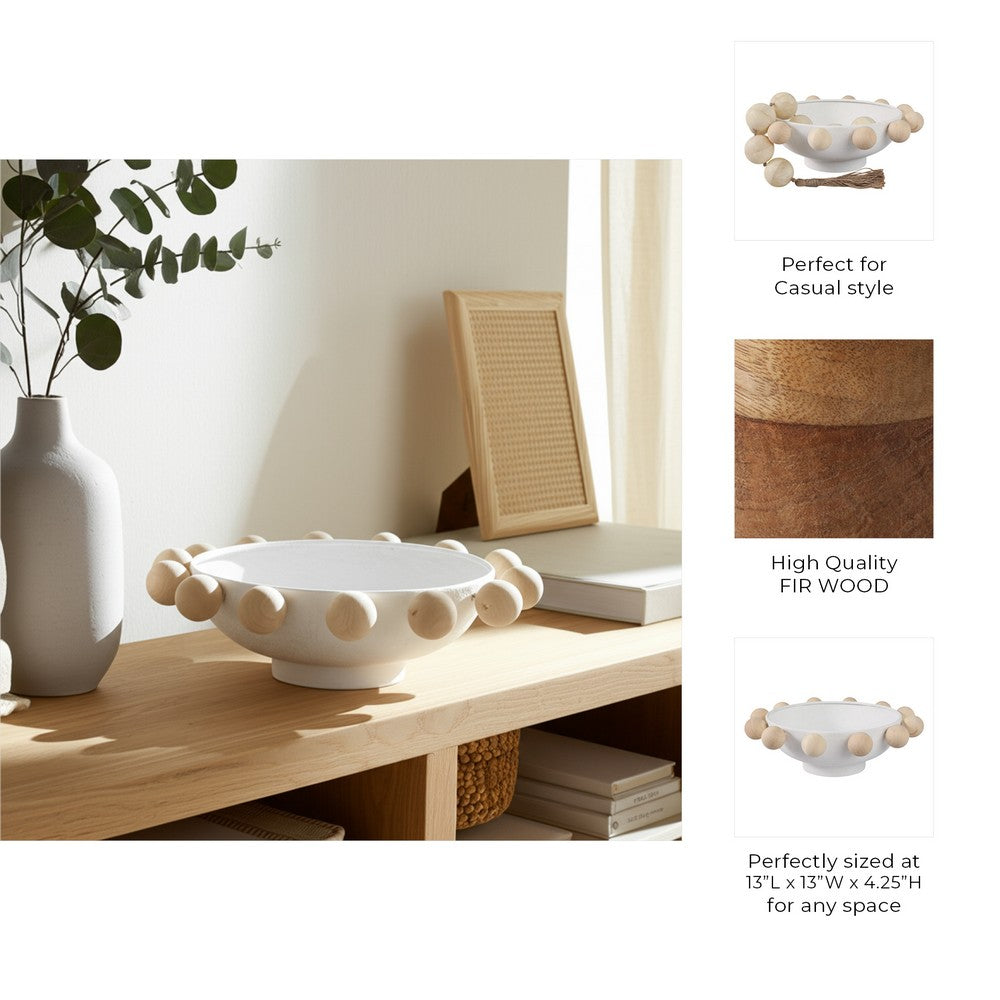 Decorative Acessory Bowl | 13" | Large Brown Wooden Knobs | White