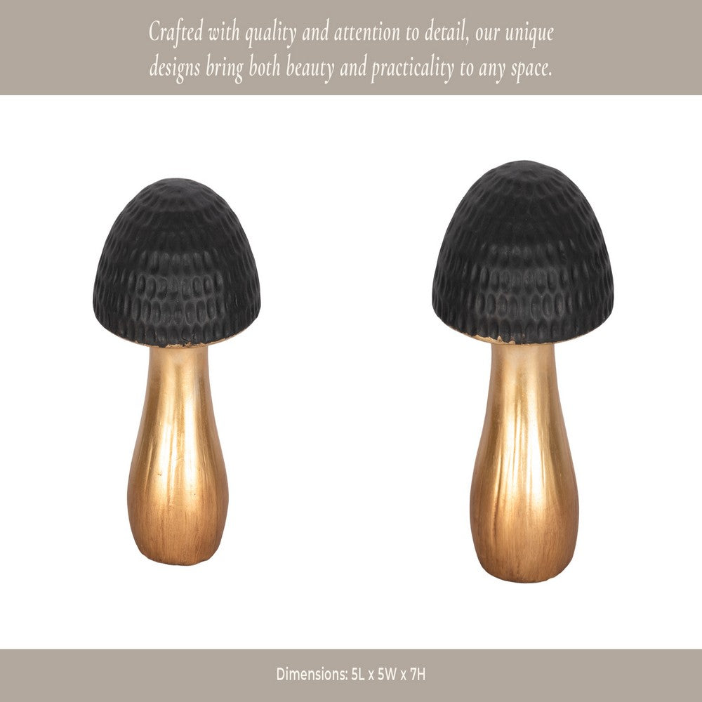 Tabletop Decor | 7" Ceramic Mushroom Figurine | Hammered Top | Gold Stalk