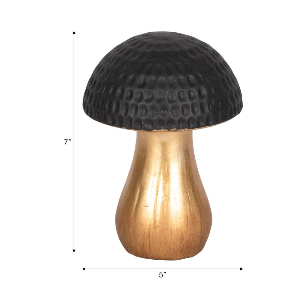 Tabletop Decor | 7" Ceramic Mushroom Figurine | Hammered Top | Gold Stalk
