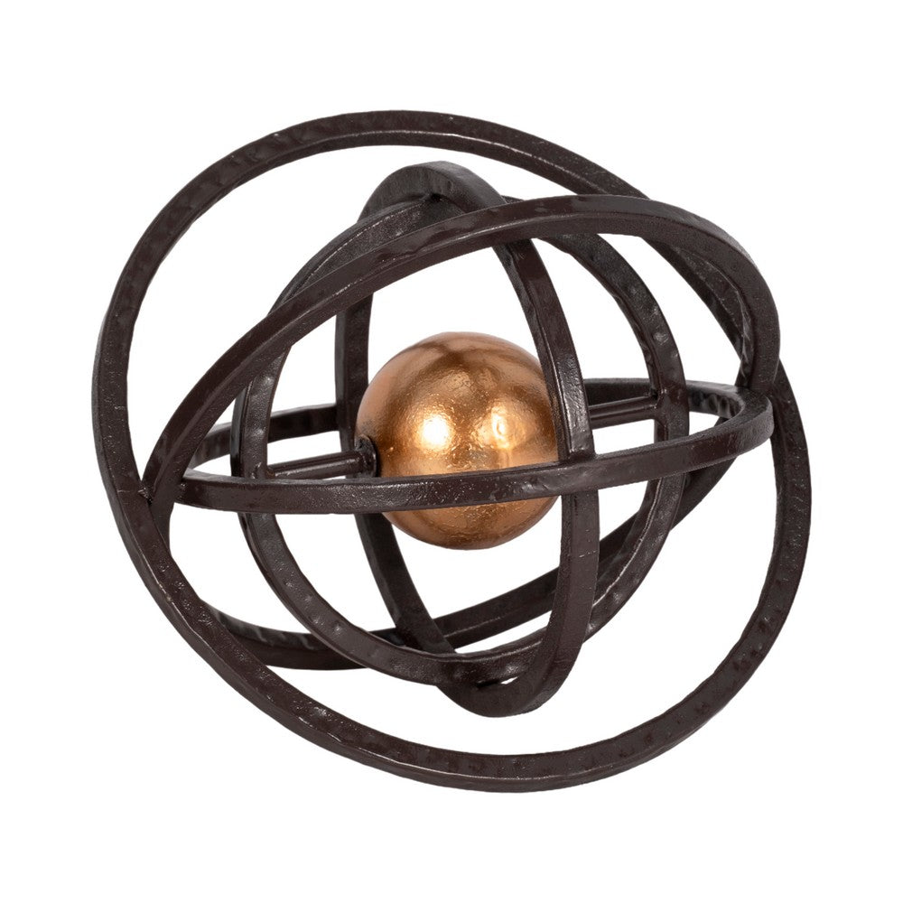 Inez Armillary Orb | Geometric Design | 10" Black Metal Rings | Gold Iron