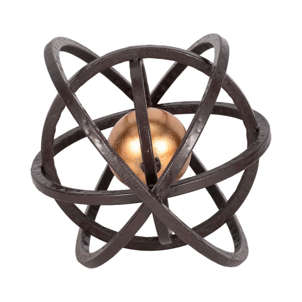Inez Armillary Orb | Geometric Design | 10" Black Metal Rings | Gold Iron
