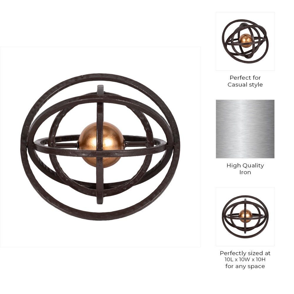 Inez Armillary Orb | Geometric Design | 10" Black Metal Rings | Gold Iron