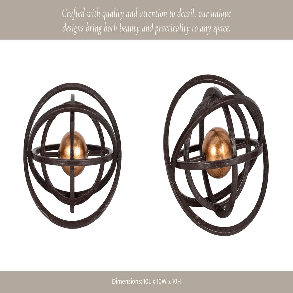 Inez Armillary Orb | Geometric Design | 10" Black Metal Rings | Gold Iron