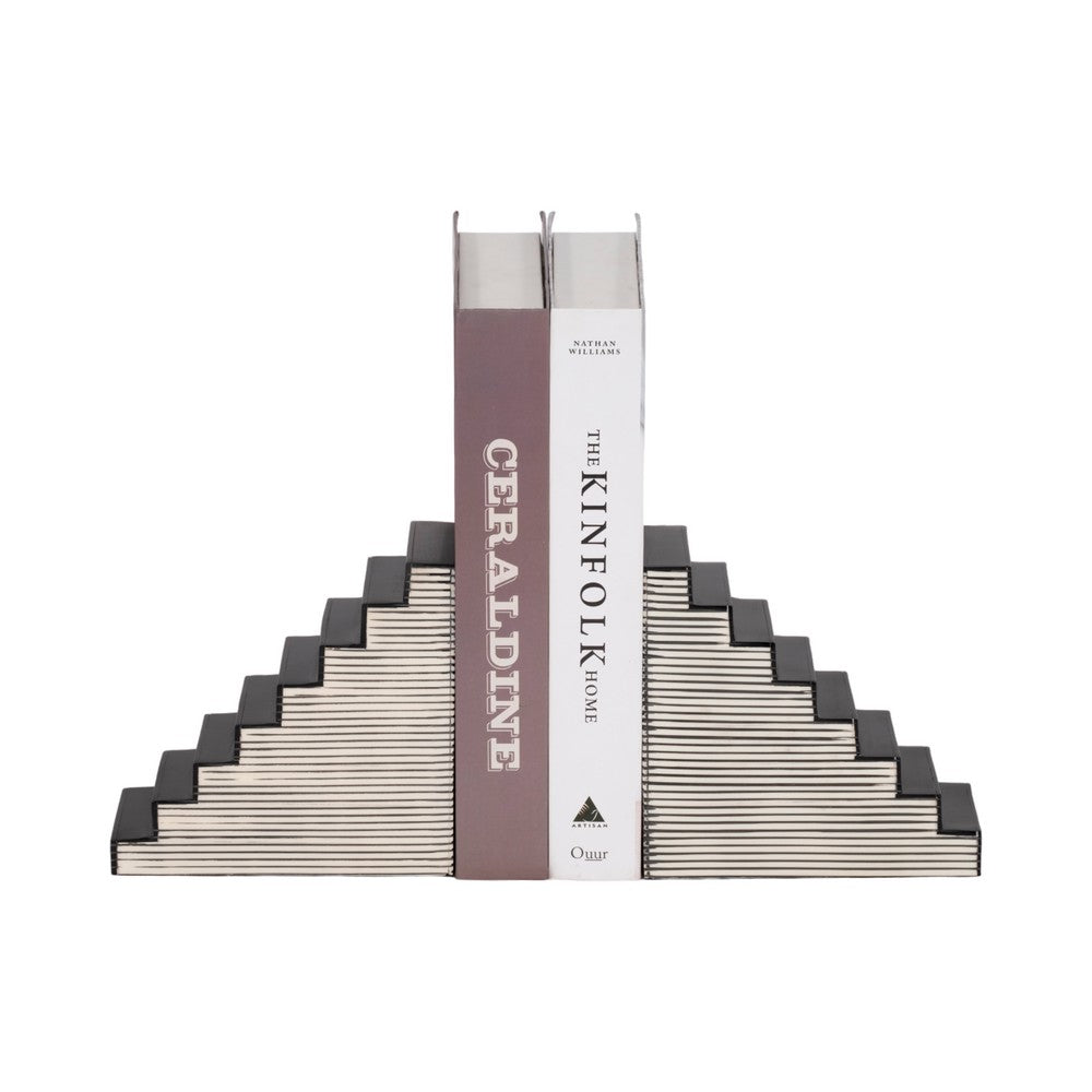 Striped Bookend Set of 2 | Geometric Stair Steps | 6" Black & White