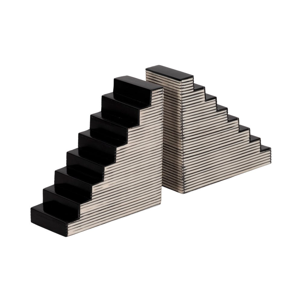 Striped Bookend Set of 2 | Geometric Stair Steps | 6" Black & White