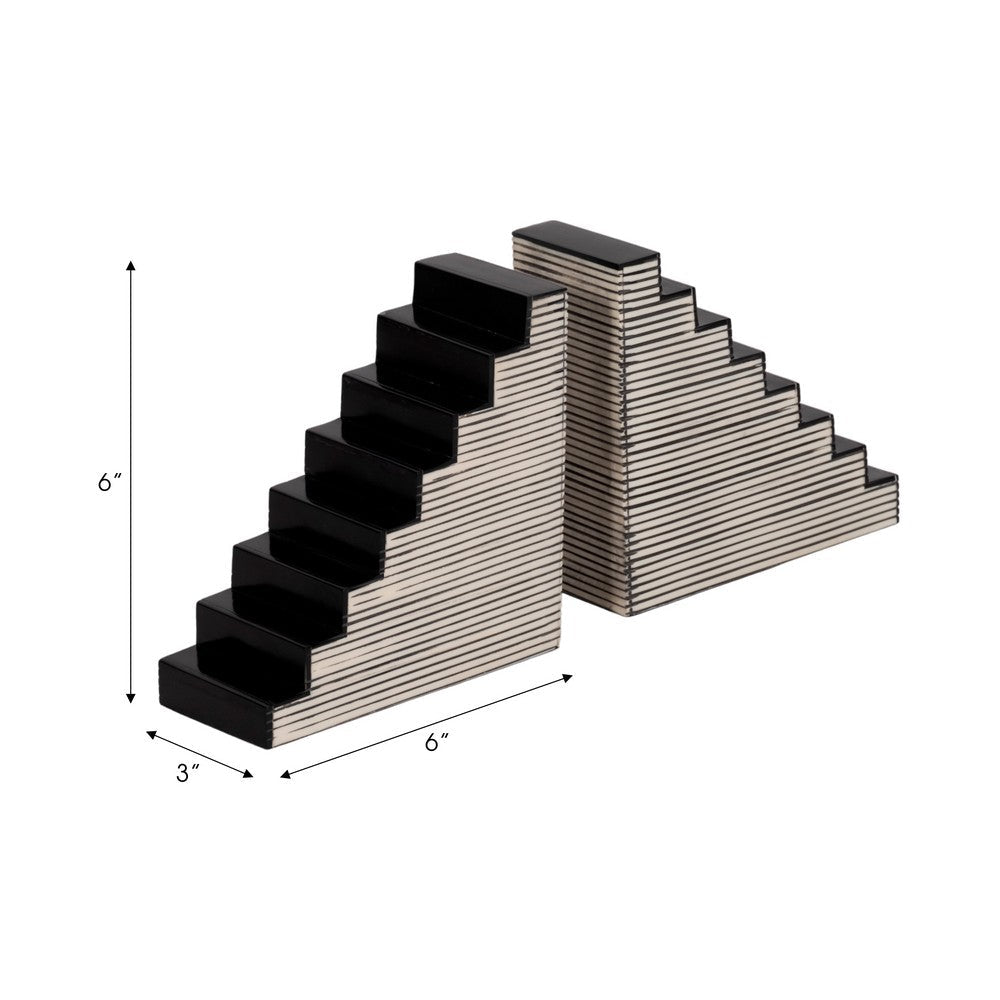 Striped Bookend Set of 2 | Geometric Stair Steps | 6" Black & White