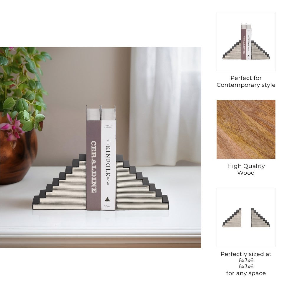 Striped Bookend Set of 2 | Geometric Stair Steps | 6" Black & White