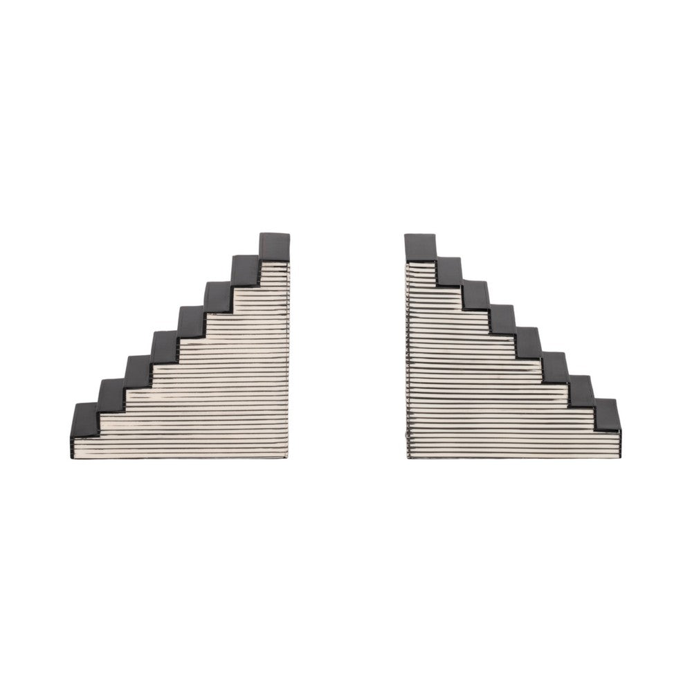 Striped Bookend Set of 2 | Geometric Stair Steps | 6" Black & White