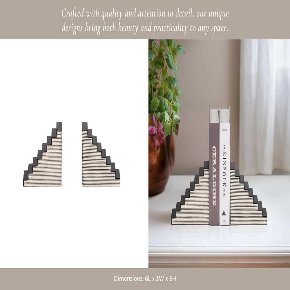 Striped Bookend Set of 2 | Geometric Stair Steps | 6" Black & White