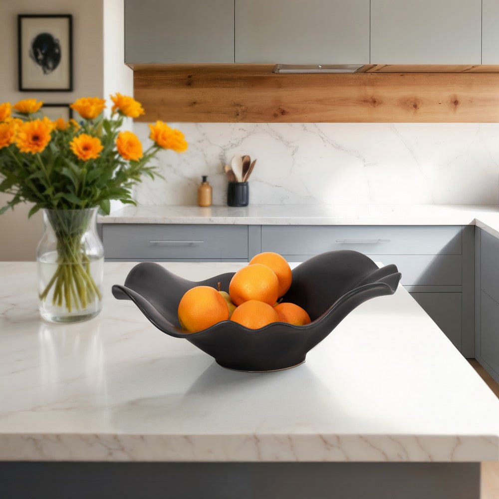 Decorative Bowl Table Accessory | Ruffled Edge | Matte Black Ceramic