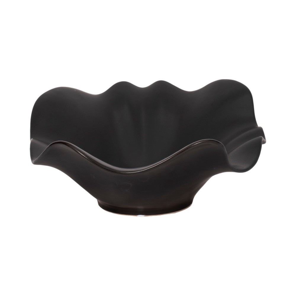 Decorative Bowl Table Accessory | Ruffled Edge | Matte Black Ceramic
