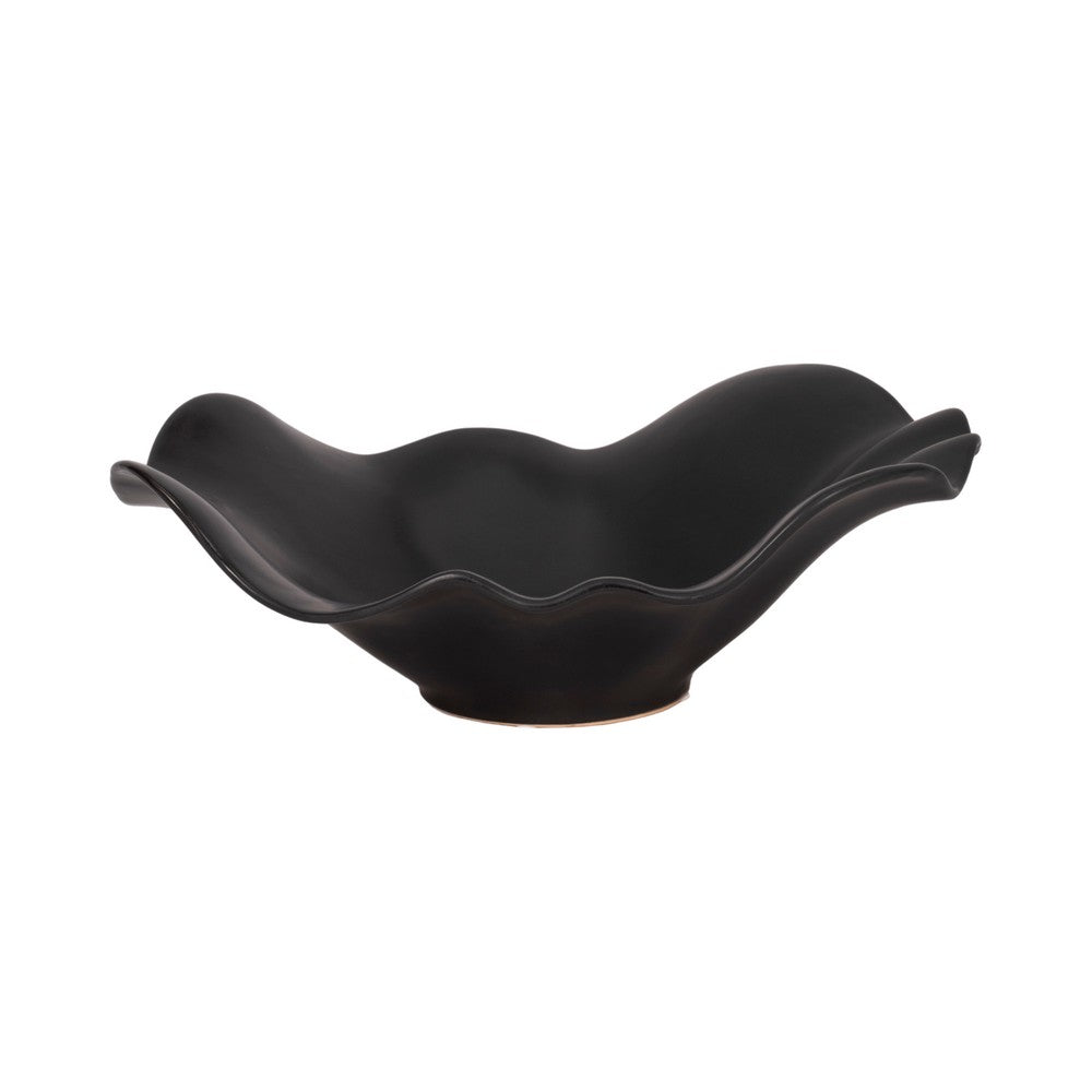 Decorative Bowl Table Accessory | Ruffled Edge | Matte Black Ceramic