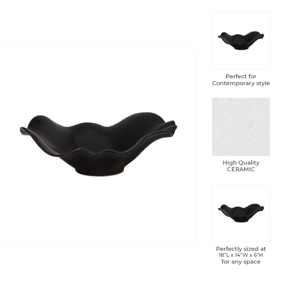 Decorative Bowl Table Accessory | Ruffled Edge | Matte Black Ceramic