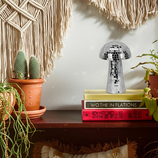 Mosaic Mushroom Tabletop Decor | 10" Silver Mirrored Disco Design