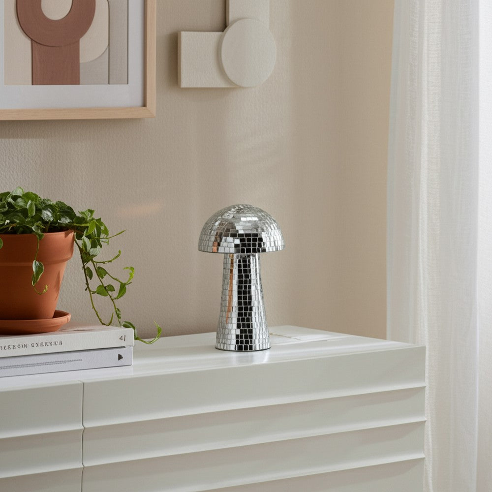 Mosaic Mushroom Tabletop Decor | 10" Silver Mirrored Disco Design