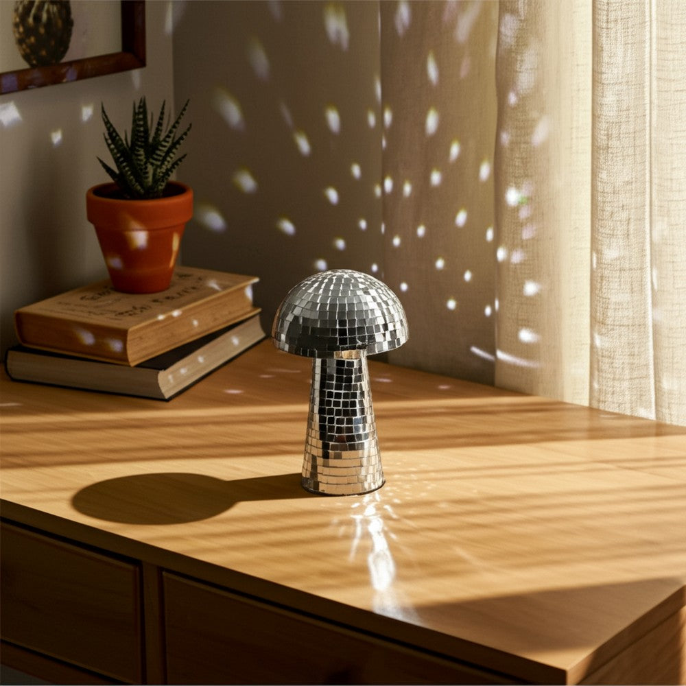 Mosaic Mushroom Tabletop Decor | 10" Silver Mirrored Disco Design