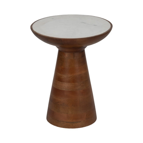 Accent Table | 20" Tall | Round White Marble Top | Brown Wood Tapered Base