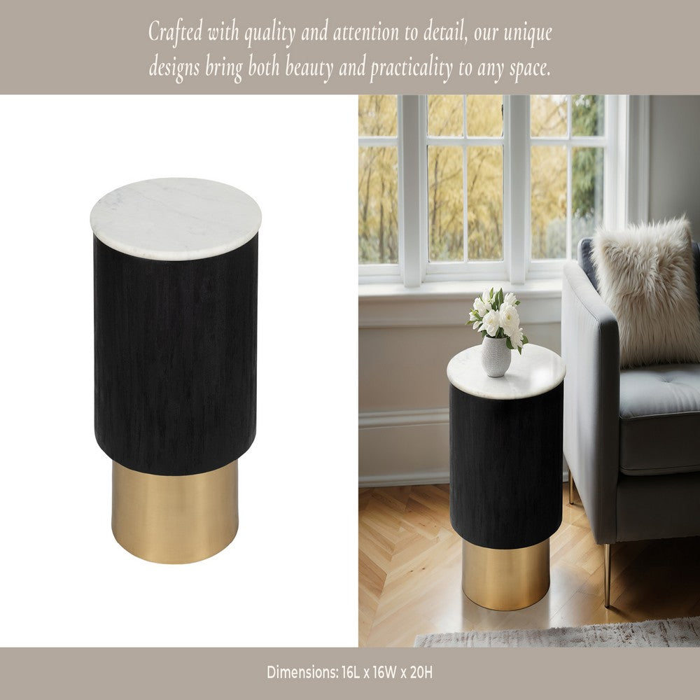Xane Accent Table | White Marble Top | Gold Pedestal Base | Black Wood 20"