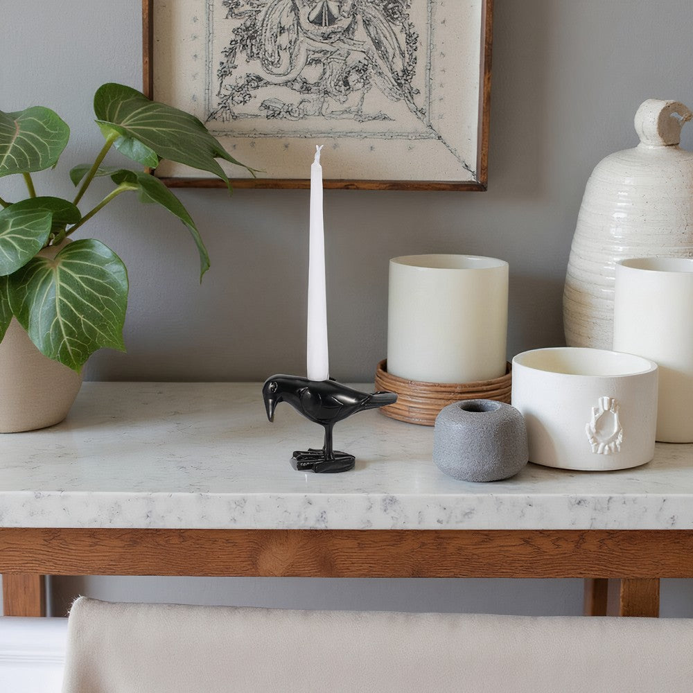 6" Decorative Crow Taper Candle Holder | Raven Black Aluminum Frame