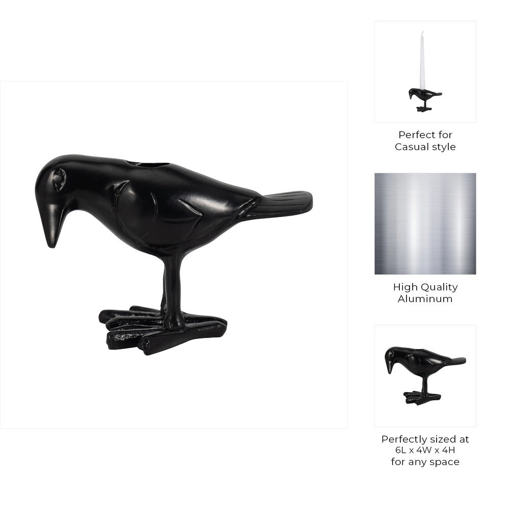 6" Decorative Crow Taper Candle Holder | Raven Black Aluminum Frame