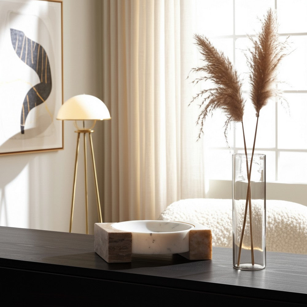 Ulph Decorative Marble Bowl with Onyx stand | White-Tan |10 Inch Round