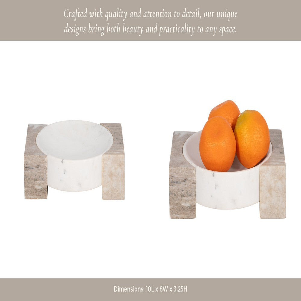 Ulph Decorative Marble Bowl with Onyx stand | White-Tan |10 Inch Round
