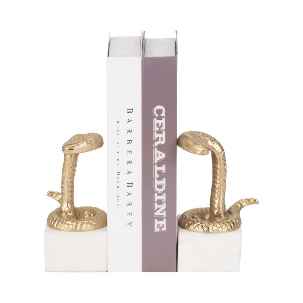 Snake Bookend Set of 2 | Textured Gold Aluminum | Square White Marble Base