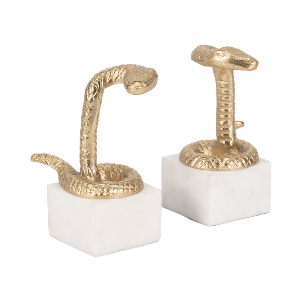 Snake Bookend Set of 2 | Textured Gold Aluminum | Square White Marble Base