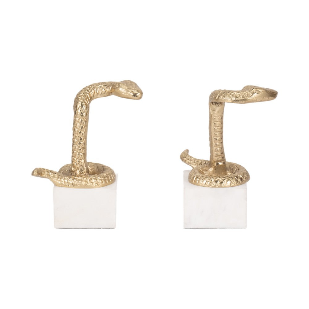 Snake Bookend Set of 2 | Textured Gold Aluminum | Square White Marble Base