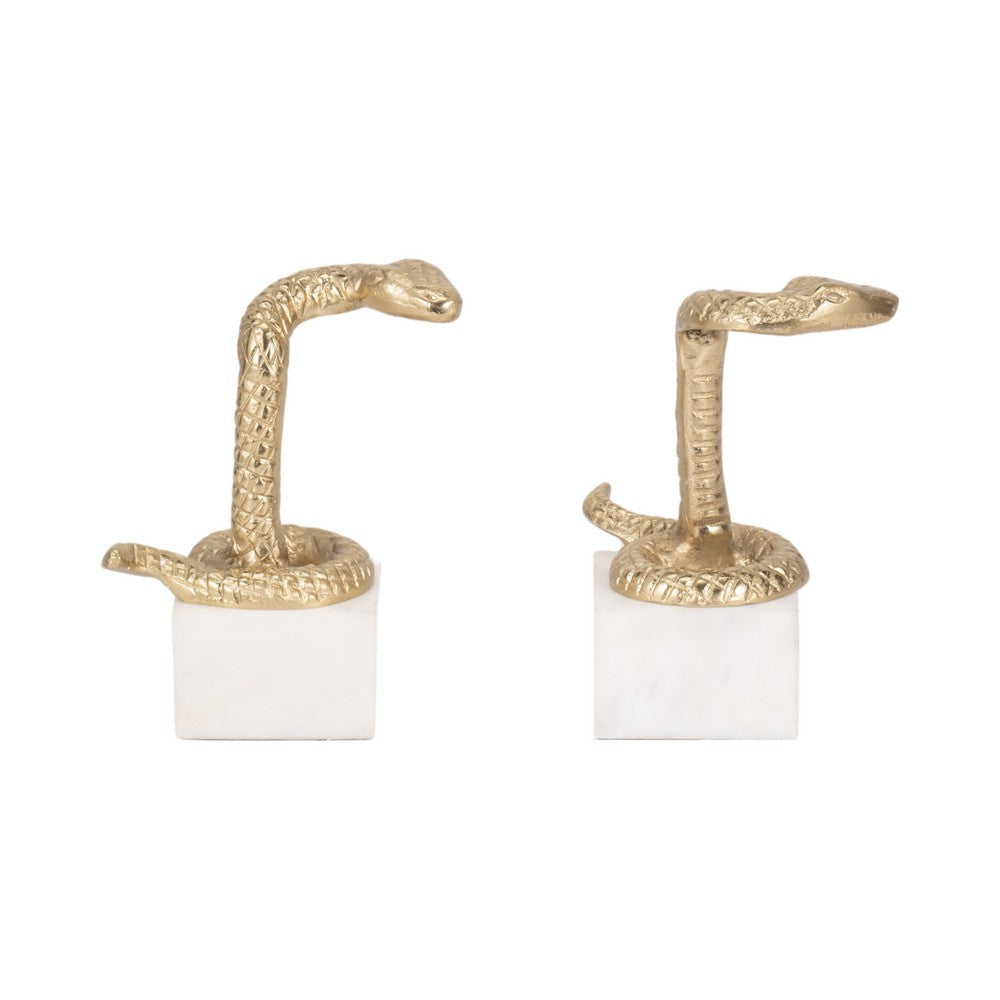 Snake Bookend Set of 2 | Textured Gold Aluminum | Square White Marble Base SBH-20723