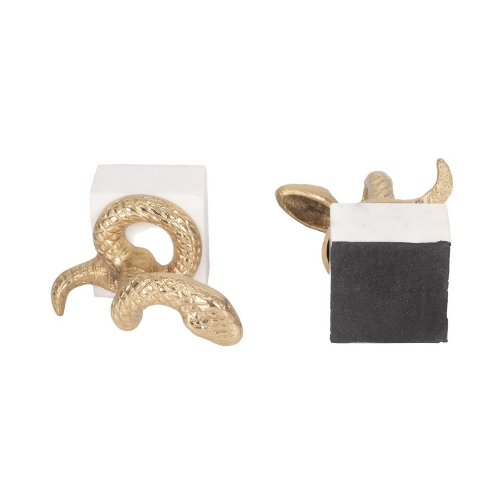 Snake Bookend Set of 2 | Textured Gold Aluminum | Square White Marble Base